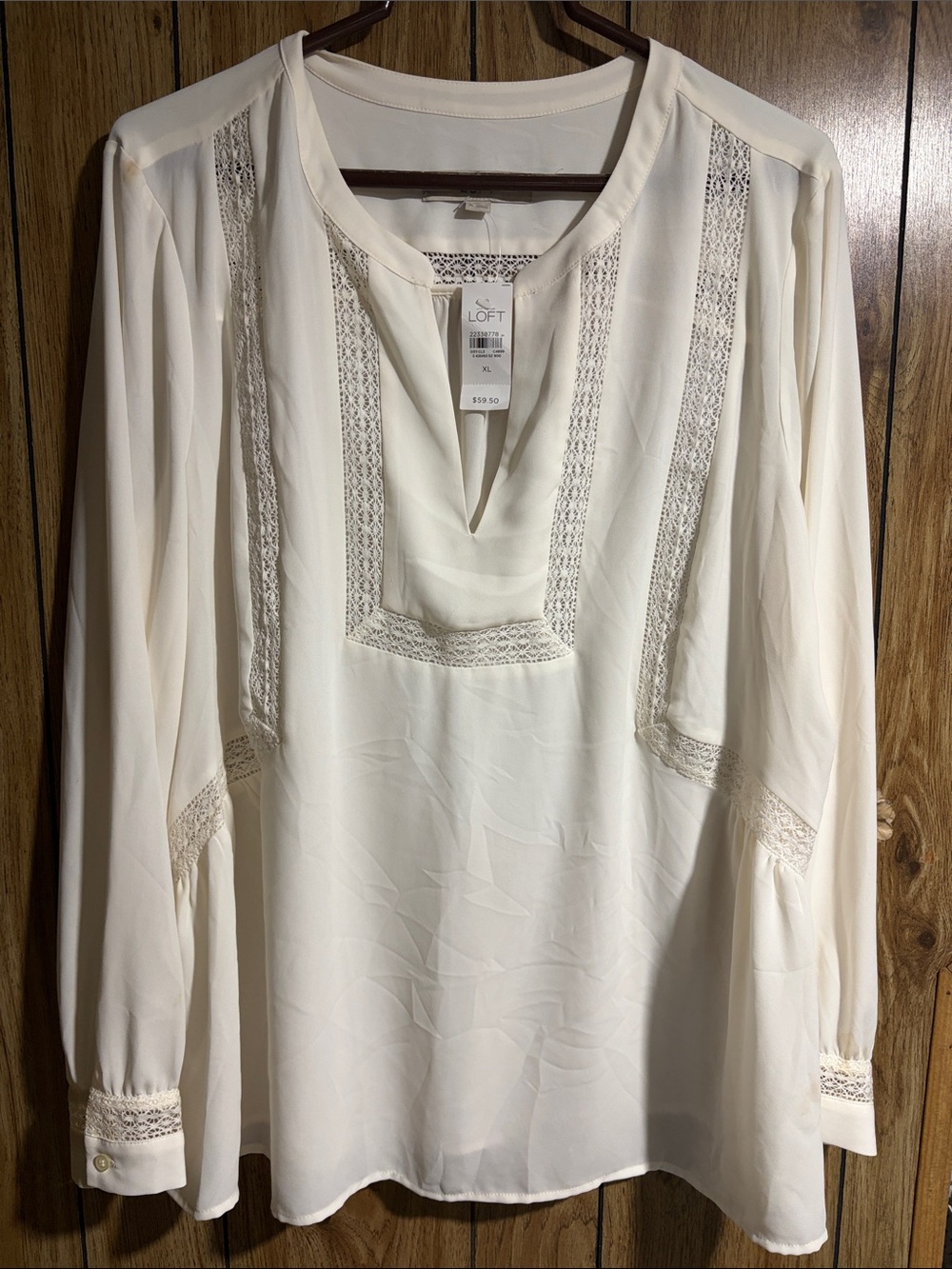 LOFT Cream Lace-Trim Split-Neck Blouse